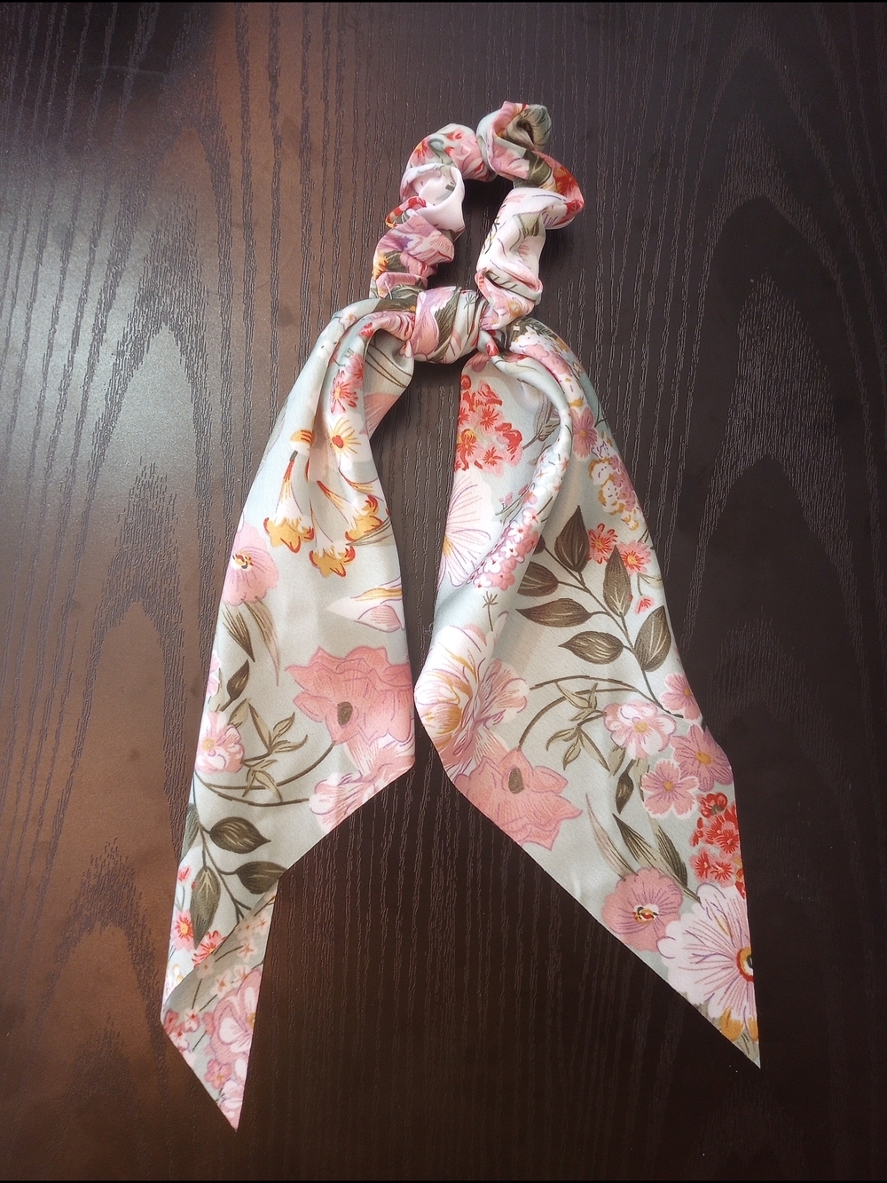 Floral Coral Pink Green Satin Long Tail Scrunchie